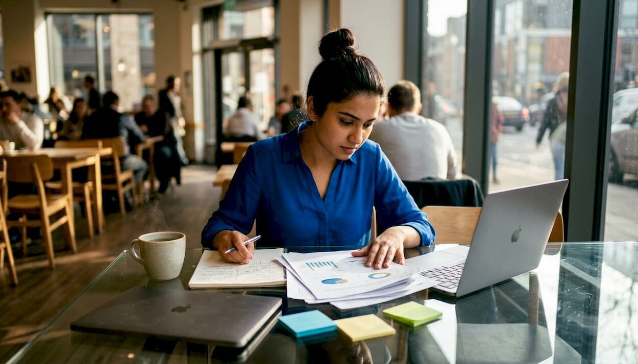 Young woman reviewing stock charts at home