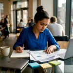 Young woman reviewing stock charts at home