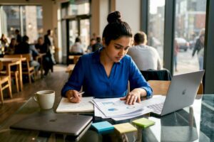 Young woman reviewing stock charts at home