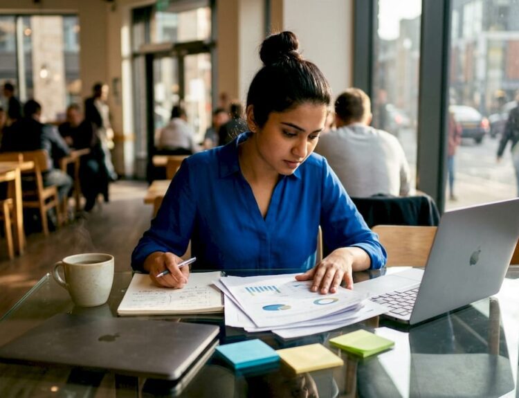 Young woman reviewing stock charts at home