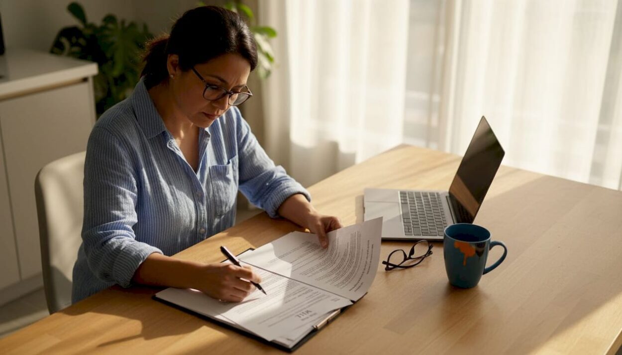 Woman reviewing estate planning documents at home