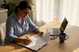 Woman reviewing estate planning documents at home