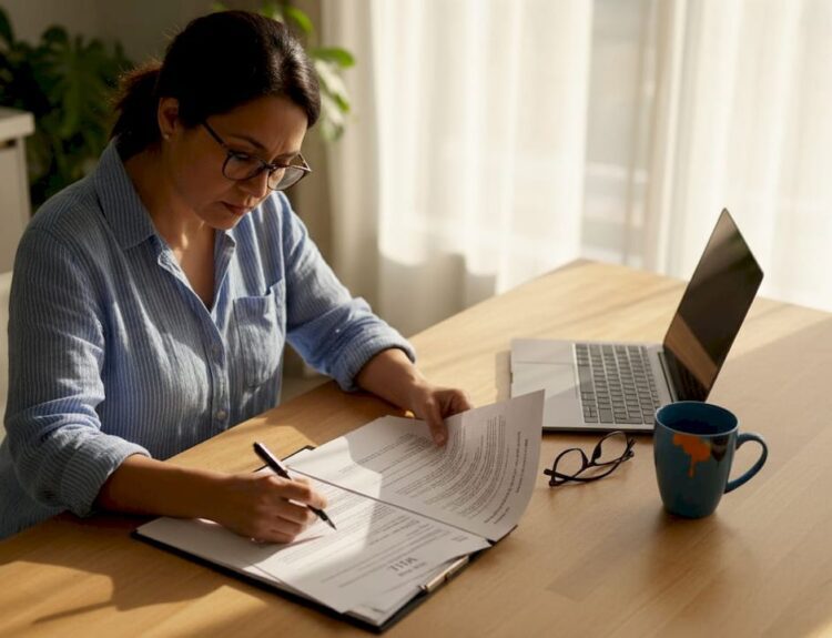 Woman reviewing estate planning documents at home