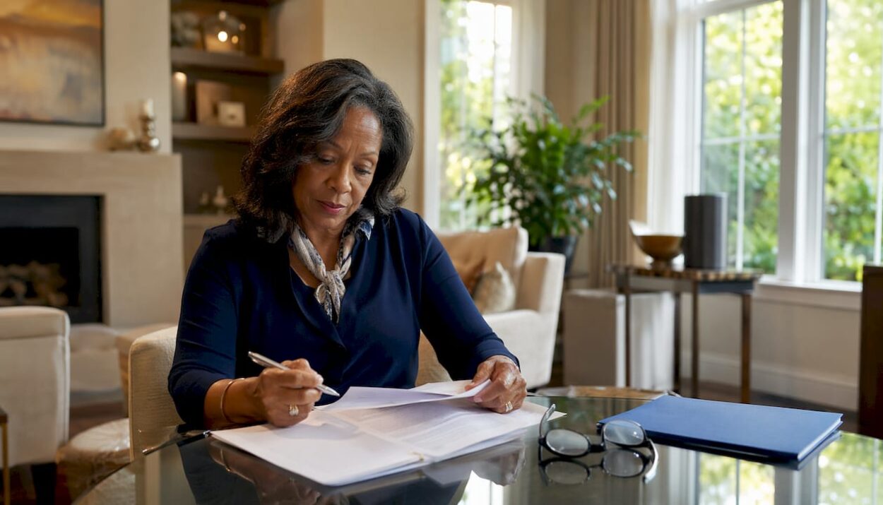 Woman reviewing estate planning documents at desk