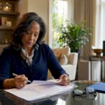 Woman reviewing estate planning documents at desk