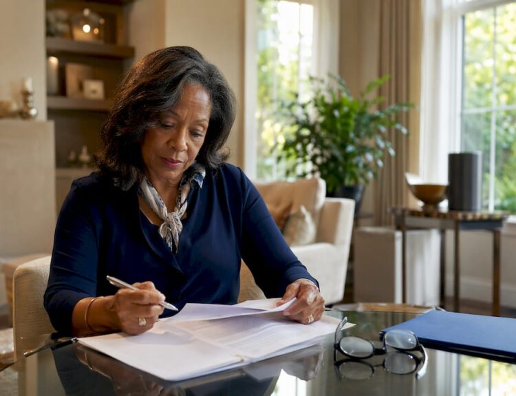 Woman reviewing estate planning documents at desk