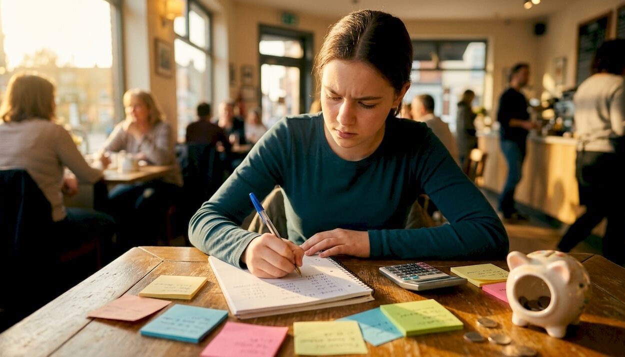 Teen girl budgeting money at home table