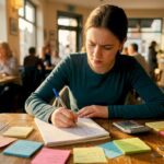 Teen girl budgeting money at home table