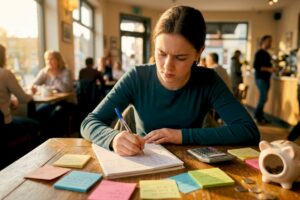 Teen girl budgeting money at home table
