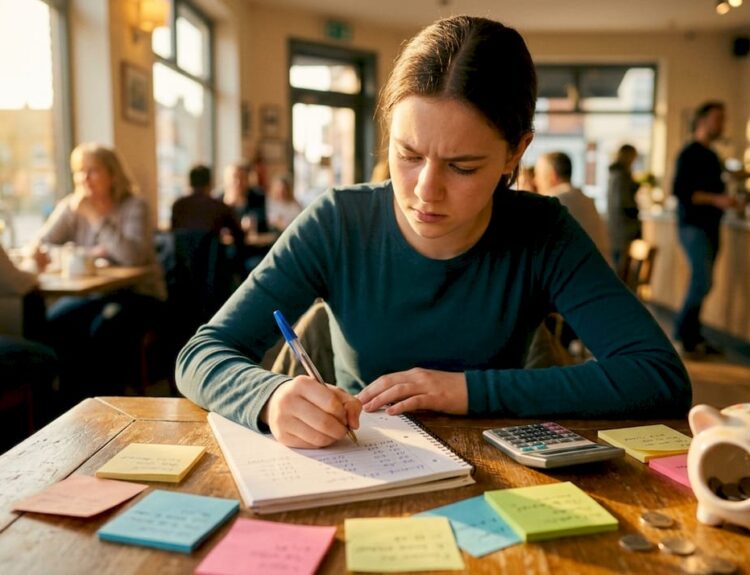 Teen girl budgeting money at home table