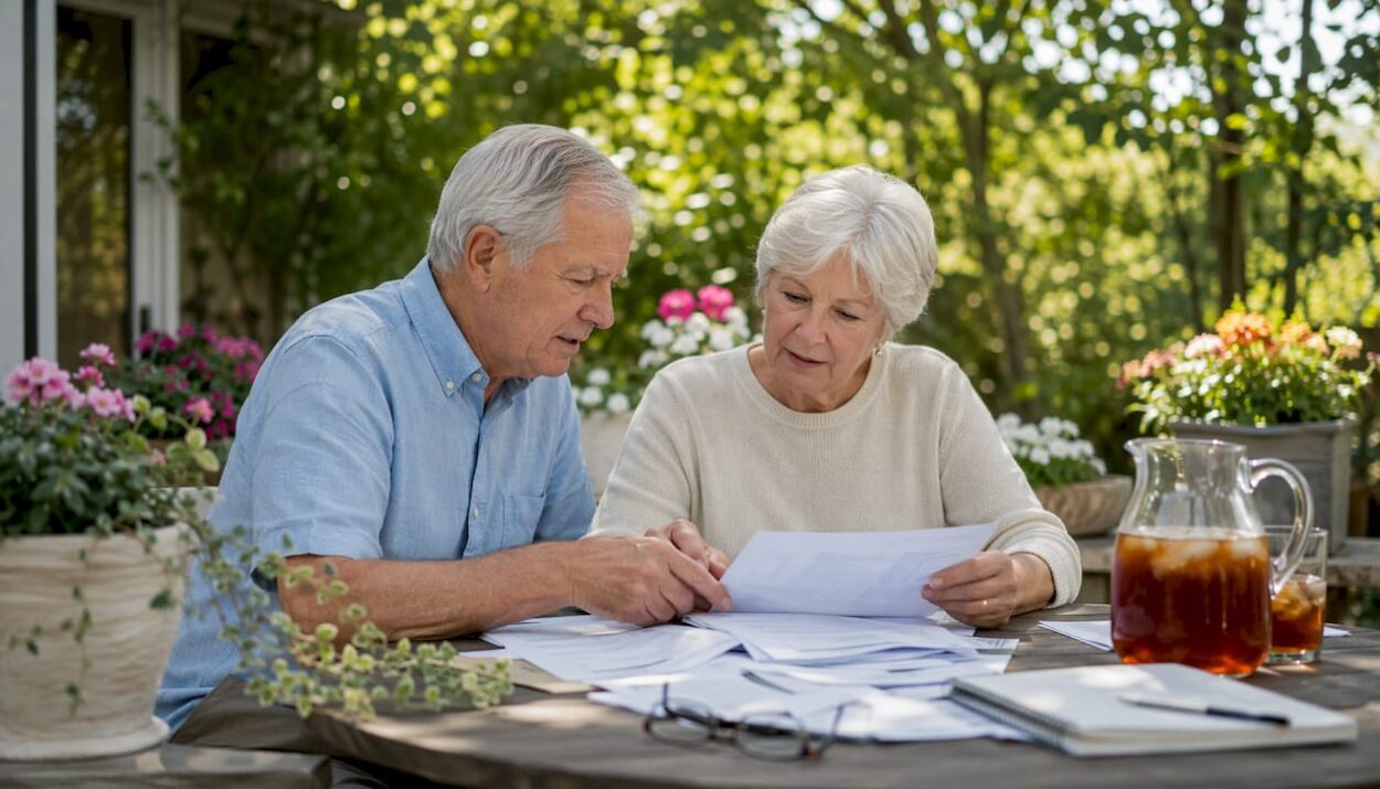 Retired couple reviewing finances at home