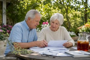 Retired couple reviewing finances at home