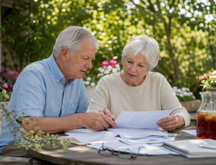 Retired couple reviewing finances at home