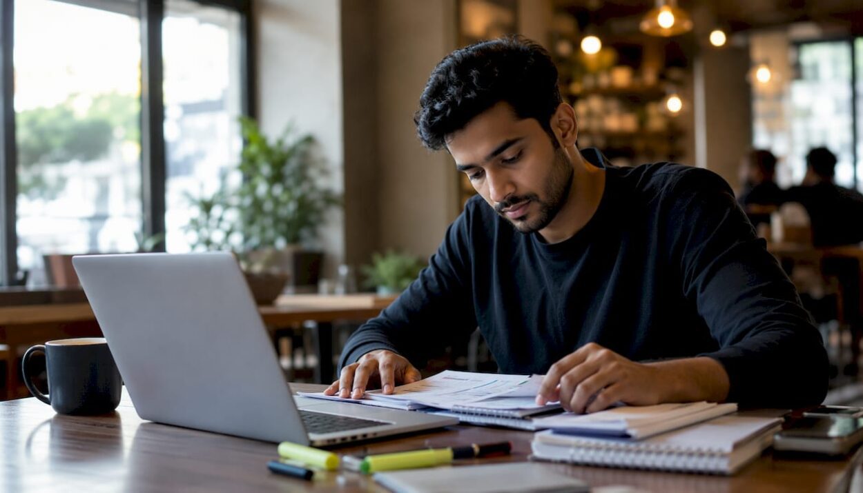 Young trader preparing trading workspace
