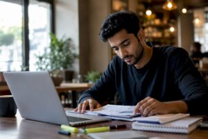 Young trader preparing trading workspace