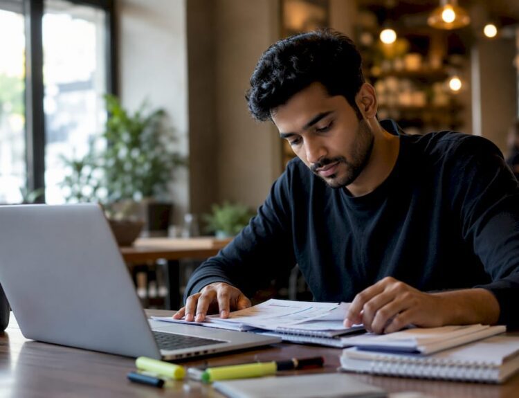 Young trader preparing trading workspace