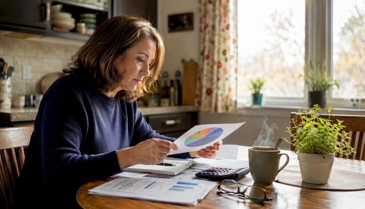 Woman reviewing diversified investment documents