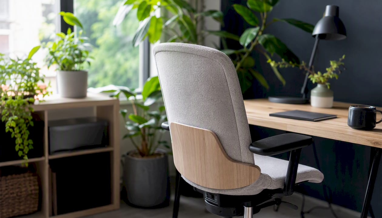 Ergonomic chair and plants in office corner