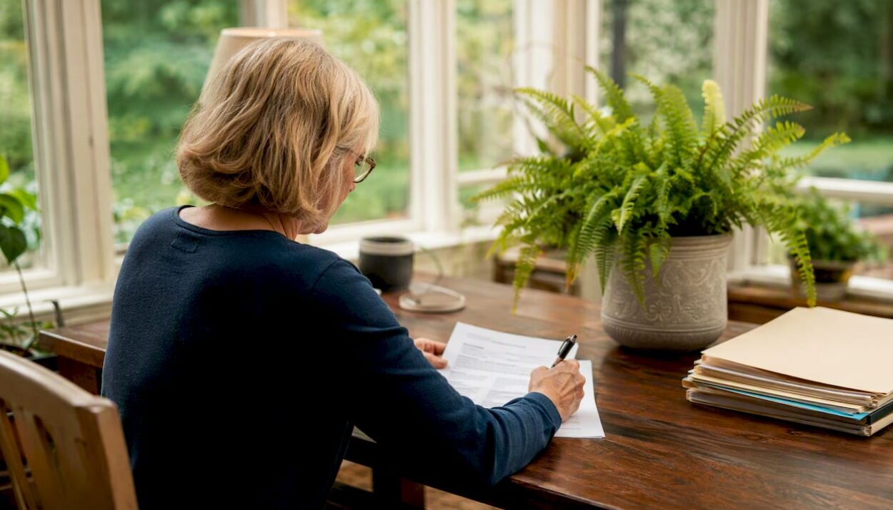 Woman preparing will documents at home desk