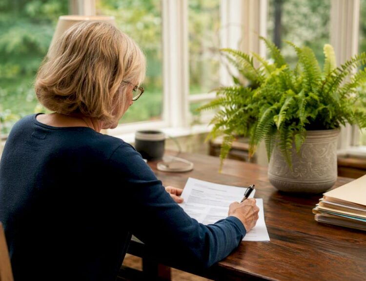 Woman preparing will documents at home desk