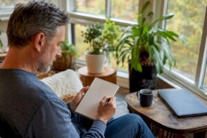 Person writing money worry list at table