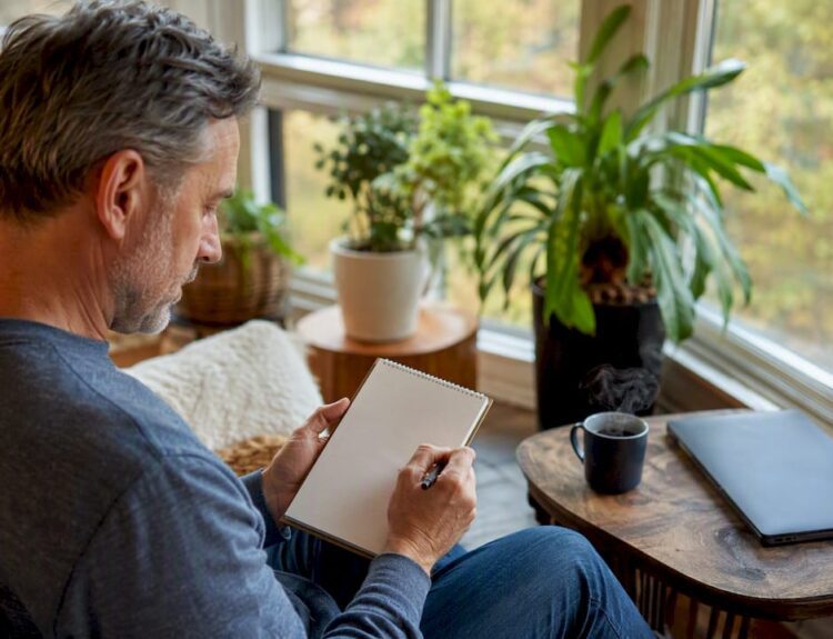 Person writing money worry list at table
