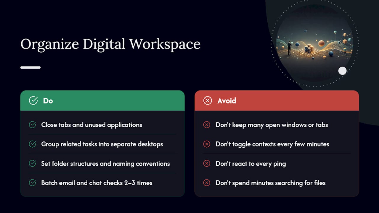 Diagram showing digital workspace organization and fatigue reduction
