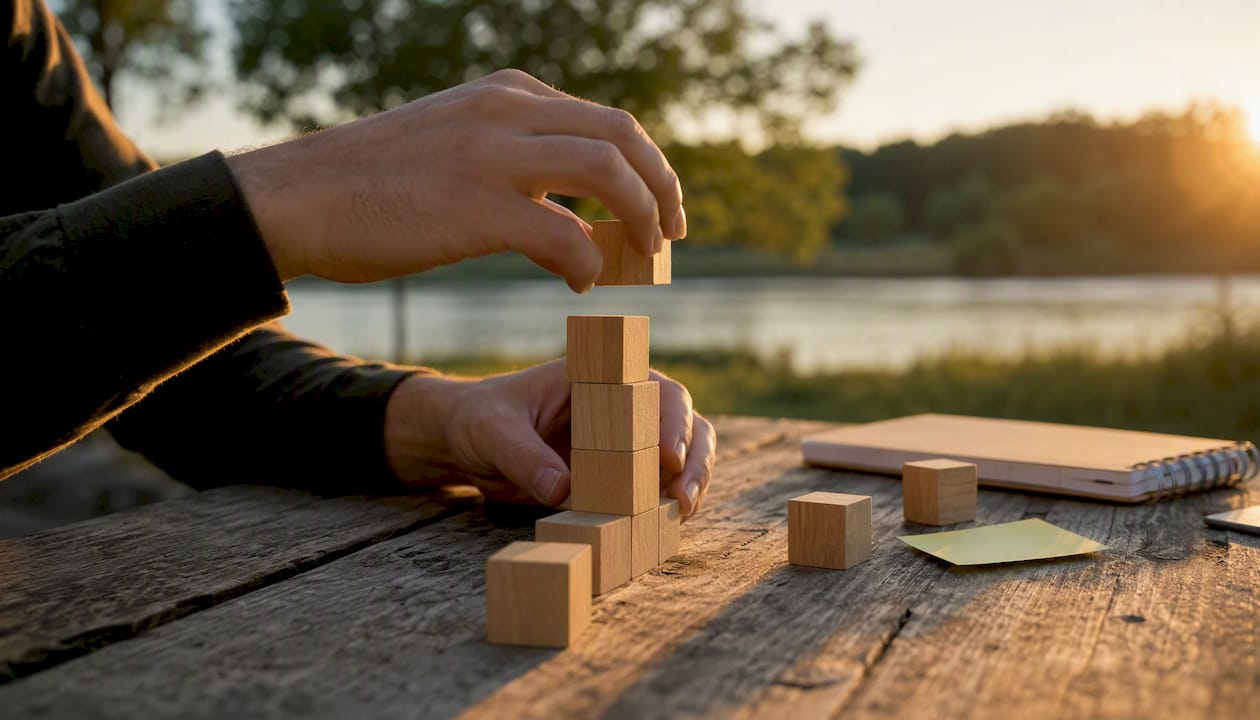 Hands arranging blocks symbolizing setback plans