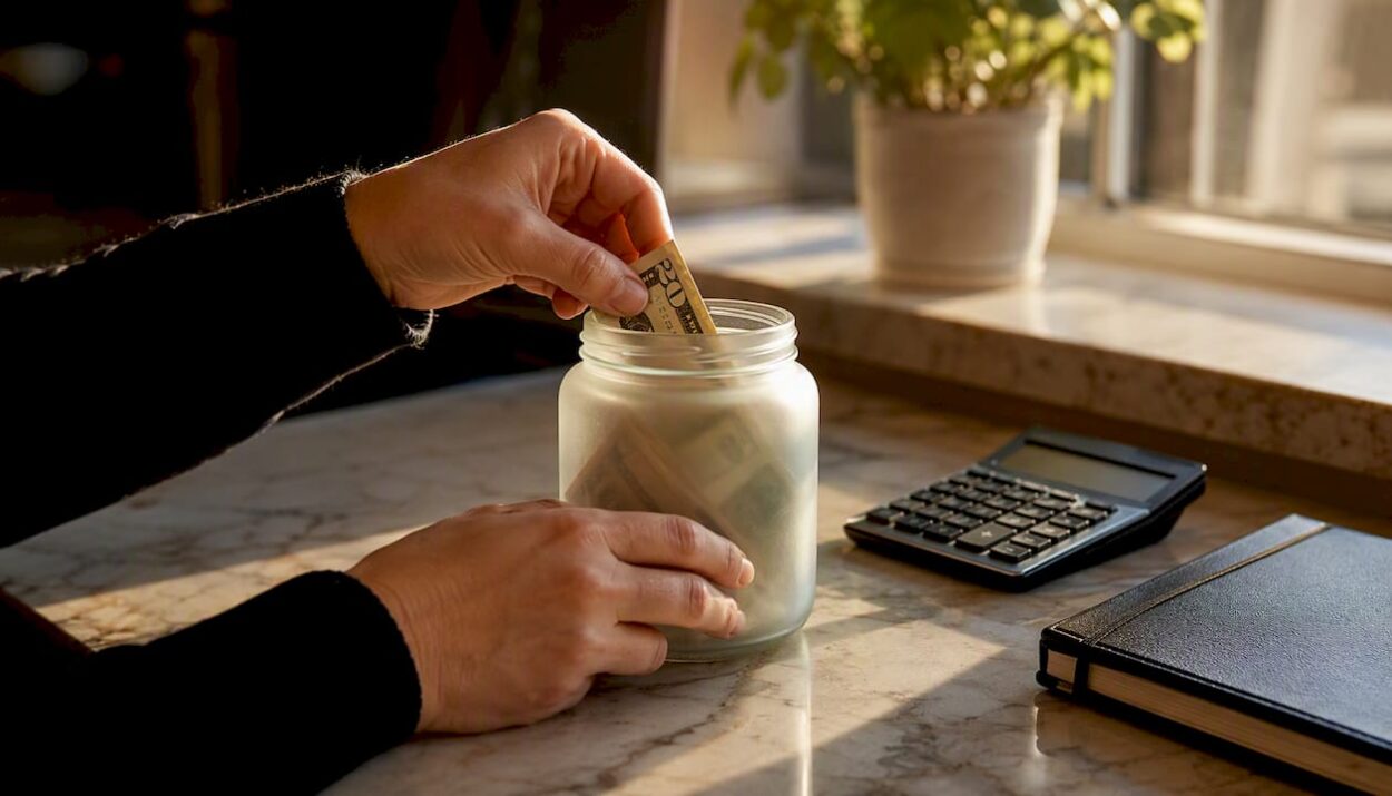 Hands putting money in savings jar