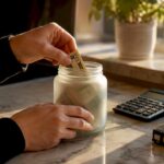 Hands putting money in savings jar