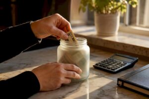 Hands putting money in savings jar