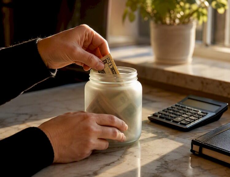 Hands putting money in savings jar