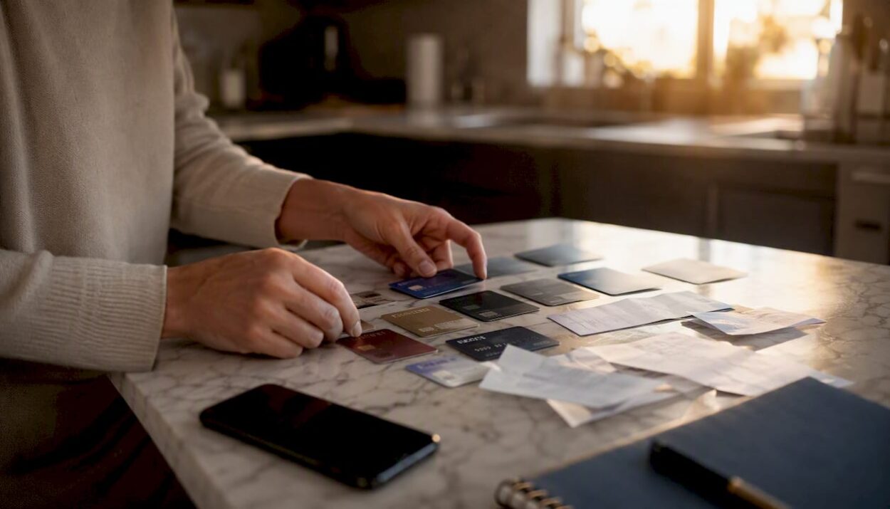 Hands organizing credit cards on desk