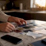 Hands organizing credit cards on desk