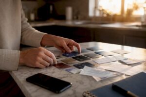 Hands organizing credit cards on desk