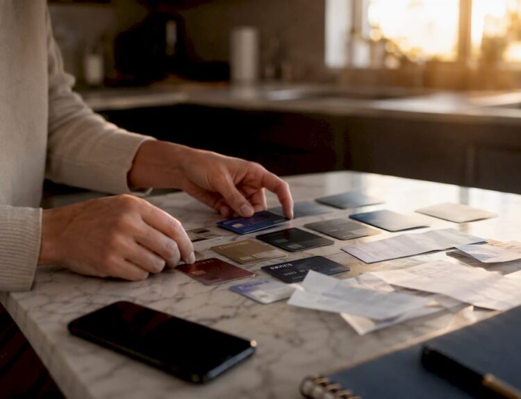 Hands organizing credit cards on desk