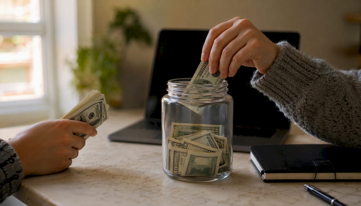 Hands saving money in jar
