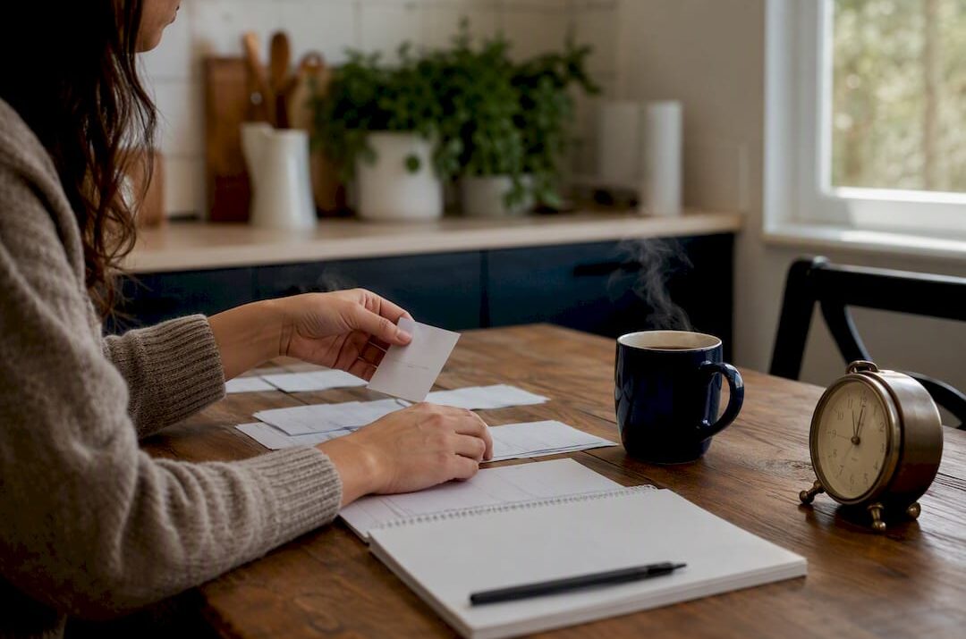 Hands arranging budgeting setup at home