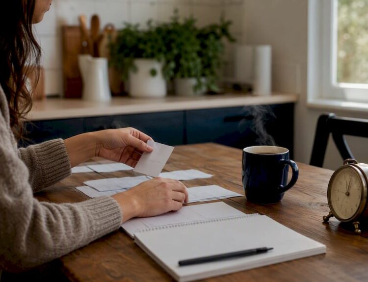 Hands arranging budgeting setup at home