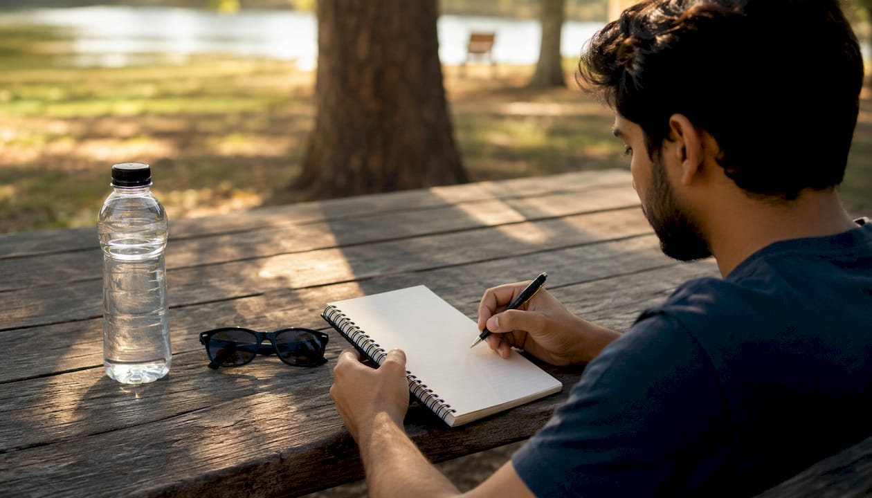 Man writing financial goals at café table