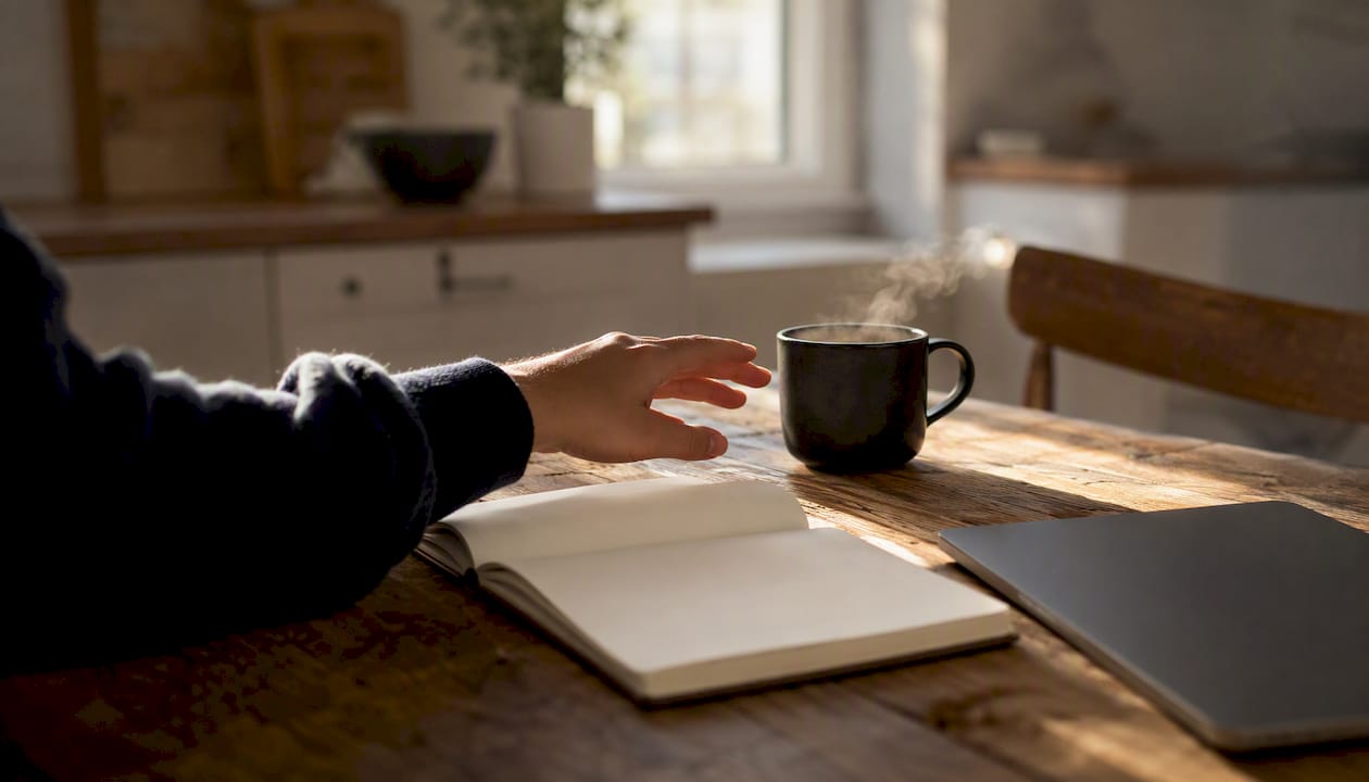 Coffee mug and notebook on kitchen table