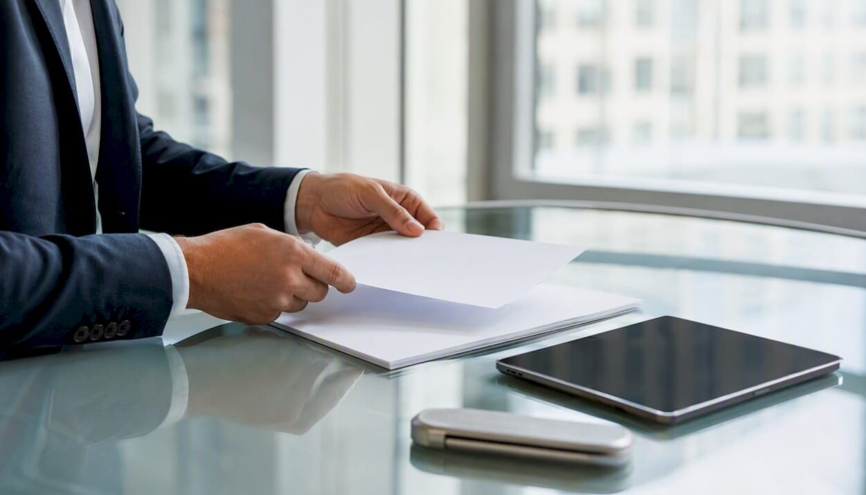 Hands arranging negotiation materials on table