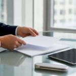 Hands arranging negotiation materials on table