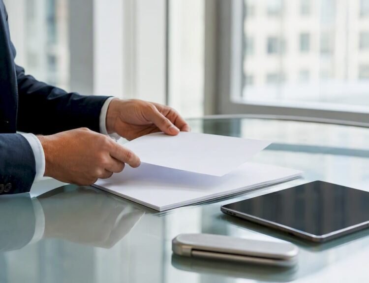 Hands arranging negotiation materials on table