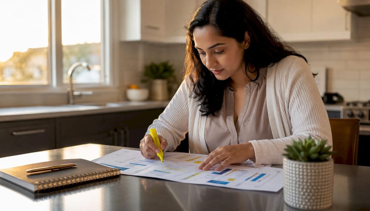 Woman studying financial statements at home desk