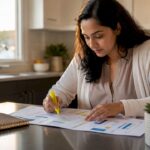 Woman studying financial statements at home desk