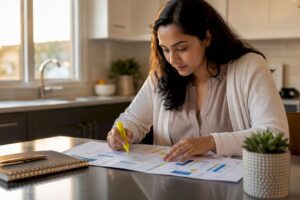 Woman studying financial statements at home desk