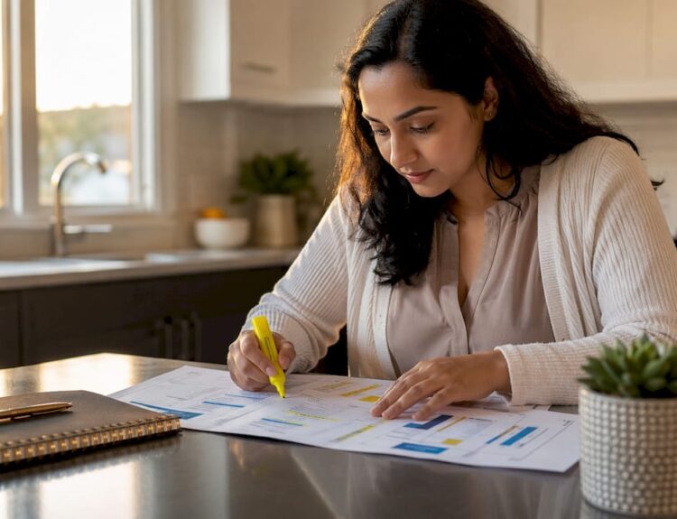 Woman studying financial statements at home desk