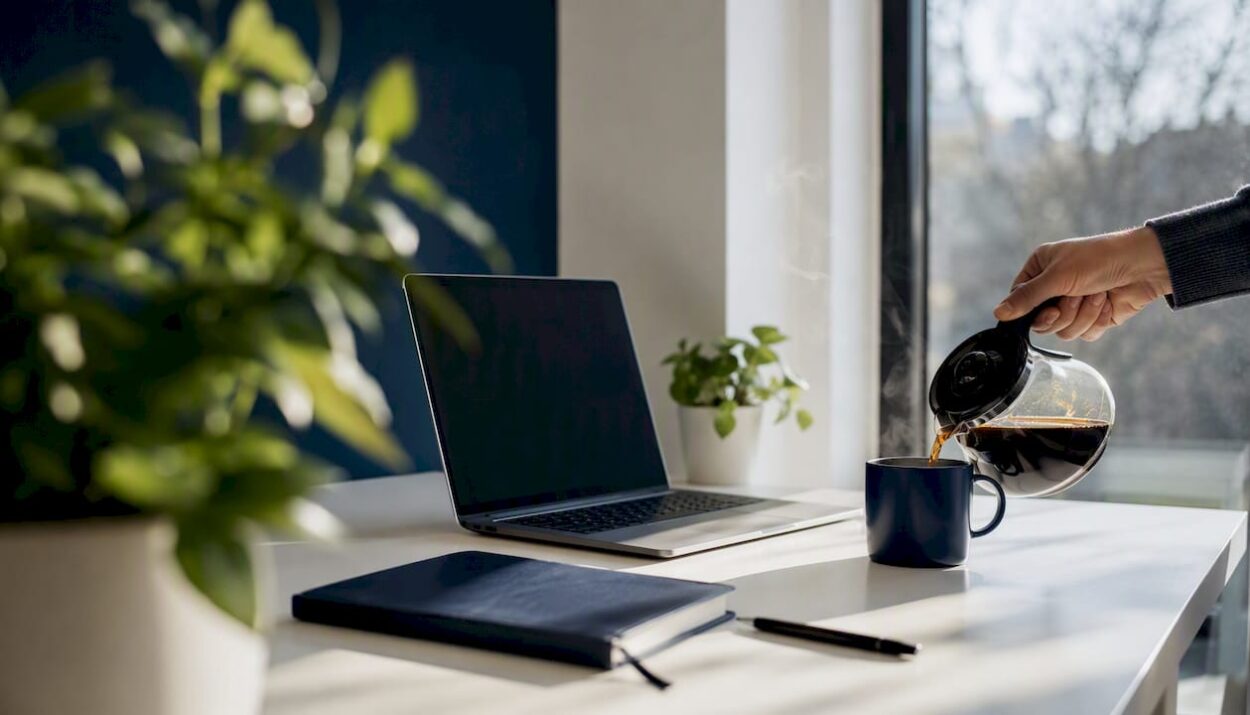 Pouring coffee in home workspace