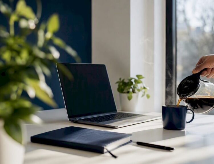 Pouring coffee in home workspace